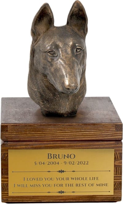 Urn met gravure en sculptuur van Malinois hond - handgemaakt kunstwerk