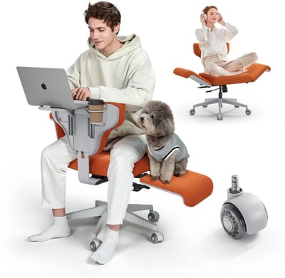 NEWTRAL Ergonomische Bureaustoel met Inklapbare Laptoptafel - Directiestoel met Verstelbare Rugleuning en Armleuningen - voor Werk, Laptop, Ontspanning, Achteroverleunen en Huisdieren