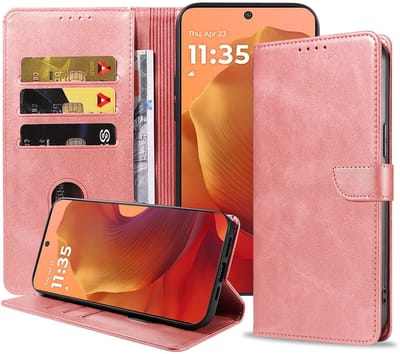 Geschikt voor Motorola Moto G15 Telefoonhoesje Kunstleer met Magnetisch lipje en Pasjeshouder Book Case met Klepje - Walletcase with Cardslot - Rosé Goud - Smartphonica geschikt voor Motorola Moto G15