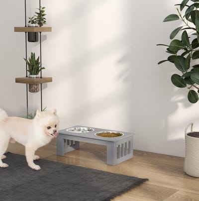 Voerbak Verhoogd – 44 x 24 x 15 cm – MDF En Roestvrij Staal – Grijs – Dubbele Hondenvoerbak Voor Water En Voer – Antislip