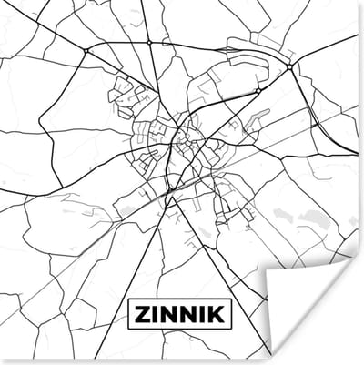 Poster Stadskaart – Plattegrond – België – Zwart Wit – Zinnik – Kaart - 100x100 cm XXL