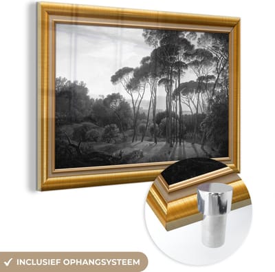 MuchoWow® Glasschilderij 60x40 cm - Schilderij acrylglas - Italiaans landschap parasoldennen - Hendrik Voogd - Lijst - Goud - Foto op glas - Schilderijen