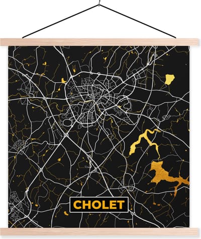 Posterhanger incl. Poster 40x40 cm - Schoolplaat - Plattegrond – Cholet – Stadskaart – Kaart – Frankrijk - Textielposter - Blanke latten - Stadskaart