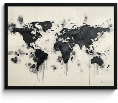 Poster in lijst - Fotolijst 80x60 cm - Posters - Wereldkaart - Zwart - Inkt - Posterlijst zwart - Decoratie - Wanddecoratie woonkamer - Muurdecoratie slaapkamer