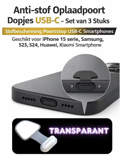 Stofpluggen | Anti-Stof Beschermkap voor Oplaadpoort | Dust Plugs | Anti-Dust Protection Cap for Charging Port I Anti-stof Oplaadpoort Dopjes USB-C Set van 3 – Geschikt voor iPhone 15 en nieuwer – Voor alle USB-C Smartphones - transparant