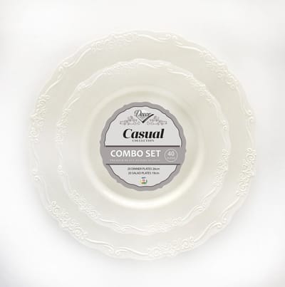 Decorline -Serviesset met elegante herbruikbare plastic borden, Casual collectie, hoogwaardig vintage servies Crème serviesset voor alle gelegenheden, 40-delig Servies Set.