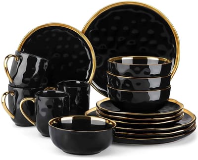 Casa Living Serviesset Zwart - 12-Delig Porselein - Gouden Rand - Compleet Servies voor 4 Personen - Luxe & Tijdloos Design