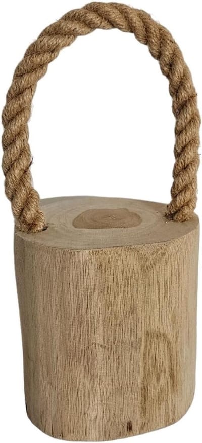 Rustieke deurstopper van teak hout met touw