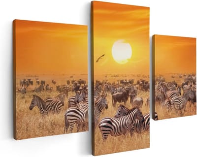 Artaza Canvas Schilderij Drieluik Kudde Zebra's Bij Een Oranje Zonsondergang - 90x60 - Foto Op Canvas - Canvas Print
