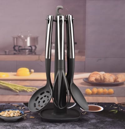 Keukengerei set - Kookgerei set met houder - BPA vrij - Hittebestendig - Vaatwasserbestendig - Grijs