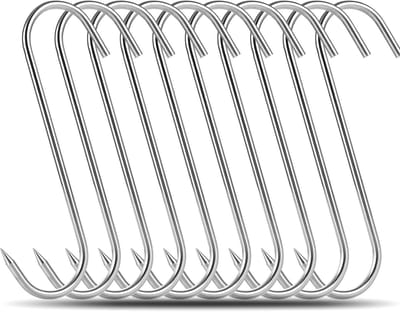 Set van 10 zware RVS vleeshaken van 10mm voor roken, drogen en barbecueën van vlees, worst en kip