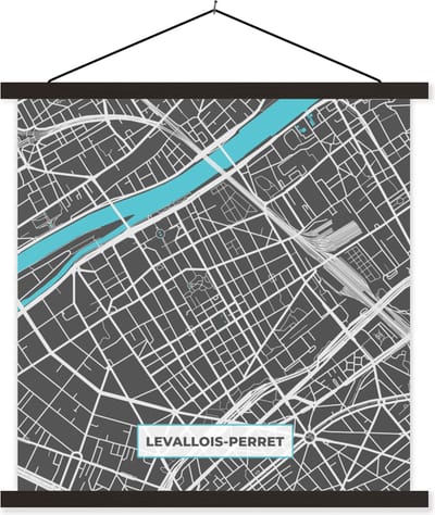 Posterhanger incl. Poster 60x60 cm - Schoolplaat - Levaillois-Perret - Frankrijk - Plattegrond - Kaart - Stadskaart - Textielposter - Zwarte latten - Stadskaart