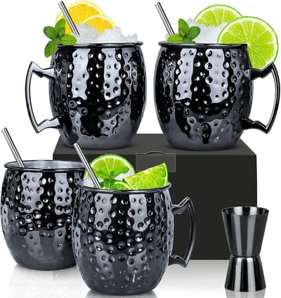Set van 4 Moscow Mule Mokken met Dubbele Jigger van 1/5 oz, Zwart Roestvrij Staal, Ideaal voor Cocktails en Koude Dranken
