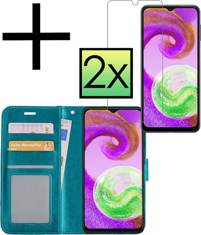 Hoesje - Met 2x Screenprotector - Geschikt voor Samsung Galaxy A04s - Luxe Pasjeshouder - Bookcase Portemonee - Flip Case - Kunstleer Book Case - Flipcase Hoes - Book Cover - Walletcase - Portemonneehoes - Turquoise