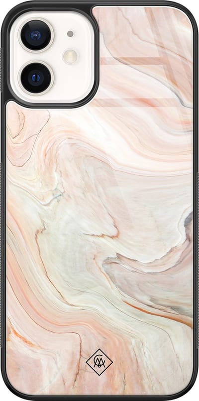 Casimoda® hoesje - Geschikt voor iPhone 12 - Marmer Waves - Luxe Hard Case Zwart - Backcover telefoonhoesje - Bruin/beige