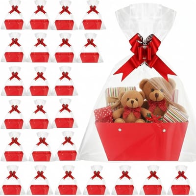 Geschenkmanden Leeg - Cadeaumanden Vullen - Feestelijke Cadeaus Presenteren - Inclusief Zakken en Strikken - 24 Sets - Rood