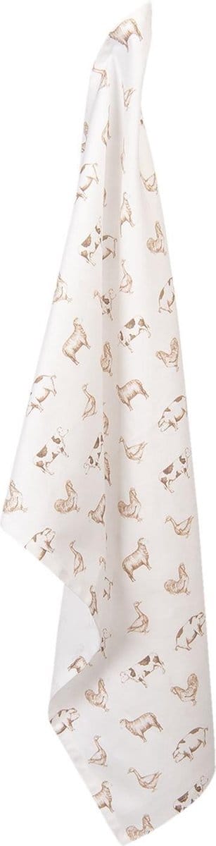 Clayre & Eef Theedoek 50x70 cm Beige Wit Katoen Boerderij Dieren Keukenhanddoek Keukendoek Vaatdoek