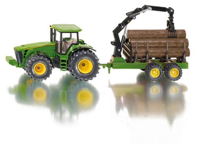 SIKU 1954 John Deere Tractor met bosaanhanger, schaal 1:50, metaal/kunststof, functionele kraan en grijper, incl. 6 kunststof boomstammen,
