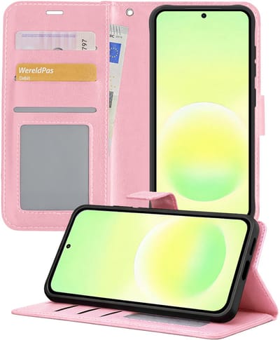 Hoesje - Met Pasjeshouder - Geschikt voor Samsung Galaxy A57 - Luxe Bookcase Portemonee - Flip Case - Kunstleer Book Case - Flipcase - Book Cover - Walletcase - Portemonneehoes - Telefoonhoesjes - Lichtroze