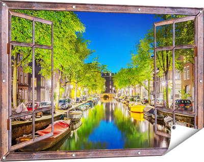 Gards Tuinposter Doorkijk Amsterdamse Gracht in de Nacht - 120x80 cm - Tuindoek - Tuindecoratie - Wanddecoratie buiten - Tuinschilderij