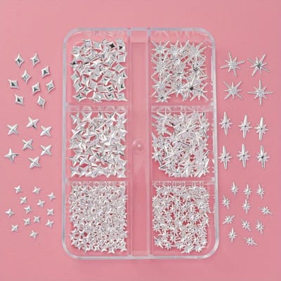 Ensemble de clous pour nail art 6 grilles/boîte, rivets pour ongles astérisme ciel étoilé, décorations d'ongles métalliques argentées, kit de breloques pour manucure pour la conception d'ongles DIY