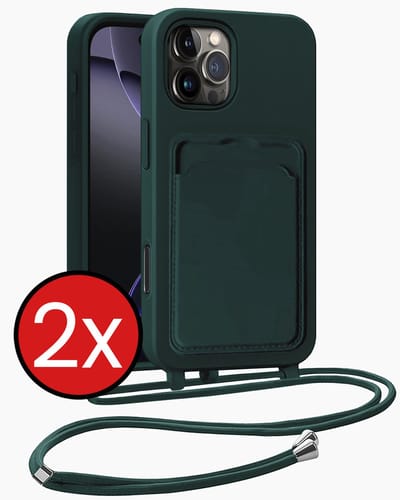 Hoesje Geschikt voor iPhone 16 Pro Hoesje Met Telefoonkoord en Pasjeshouder Siliconen - Hoes Geschikt voor iPhone 16 Pro Hoesje Met Kaarthouder Case - Donkergroen - 2 PACK
