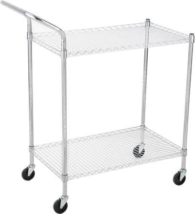 2-Laags Trolley op Wielen - Heavy Duty Serveerwagen met Verstelbare Planken & Hoge Handgreep - Verchroomd Metaal