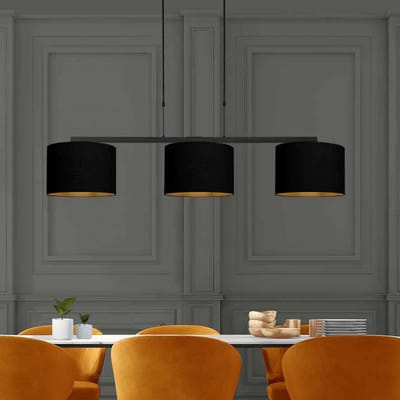 Zwarte 3-lichts hanglamp Stang 3981ZW van Steinhauer, met metalen en textiele kappen, hoogte instelbaar, afmeting kappen 30 cm, ideaal voor binnen gebruik