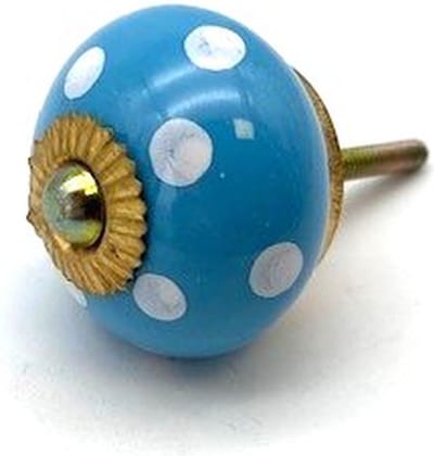 Porseleinen Knop Licht Blauw met witte stippen 40mm handgeschilderd