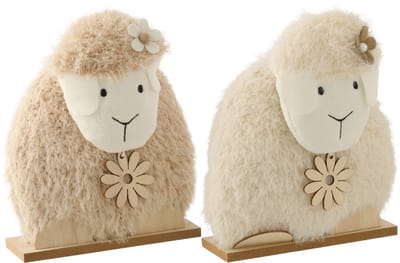 J-Line decoratie Schaap Bloem - polyester - wit/beige - large - set van 2