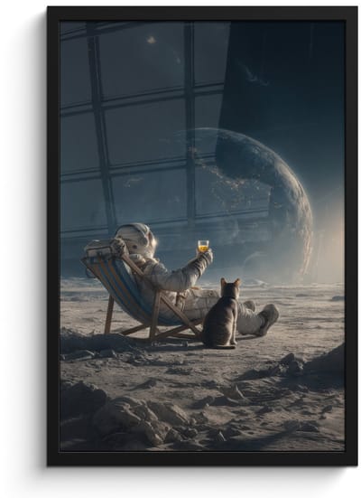Poster in lijst - Fotolijst 40x60 cm - Posters - Maan - Kat - Astronaut - Ruimte - Posterlijst zwart - Decoratie - Wanddecoratie woonkamer - Muurdecoratie slaapkamer