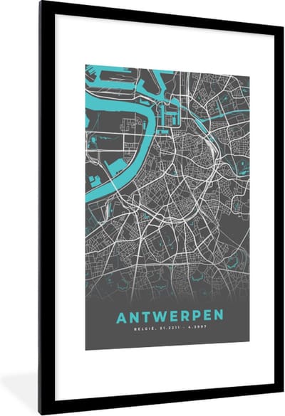 Fotolijst incl. Poster - Stadskaart – Grijs - Kaart – Antwerpen – België – Plattegrond - 80x120 cm - Posterlijst