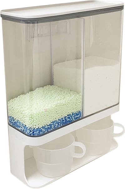 Multifunctionele Wanddispenser 3000 ml – 2 Vakken – Voor Wasmiddel, Waspoeder, Pods en Droge Voeding – Incl. 2 Maatbekers – Wit
