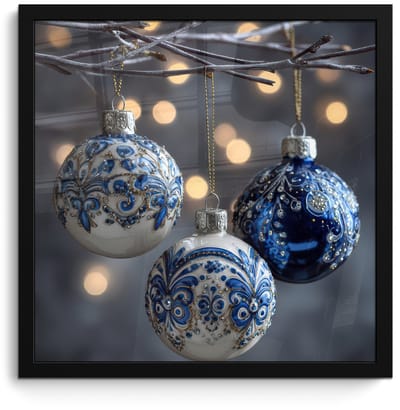Poster in lijst - Fotolijst 40x40 cm - Posters - Kerstbal - Versierd - Blauw - Posterlijst zwart - Decoratie - Wanddecoratie woonkamer - Muurdecoratie slaapkamer - Kerstversiering - Kerstdecoratie voor binnen - Kerstmis
