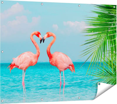 Gards Tuinposter Twee Flamingo's in een Hart Vorm in het Water - 120x90 cm - Tuindoek - Tuindecoratie - Wanddecoratie buiten - Tuinschilderij