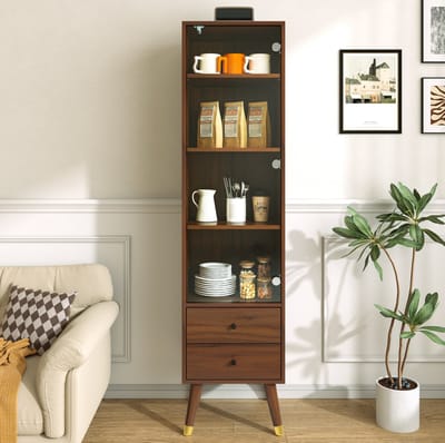 HAUSS SPOLE Boekenkast - Hoge Vitrinekast Met Glazen Deur En 2 Lades - Verstelbare Planken Voor Woonkamer Badkamer Of Kantoor - MDF - 39,8x35x160 Cm - Walnoot