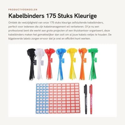 Dailygoods- Kabelbinders 175 stuks - Zelfborgende Kabelbinders - Klittenband Kabelbinders - Herbruikbare Kabelbinders - Kleurige Kabelbinders - Inclusief Etiketten - Kabelorganizer