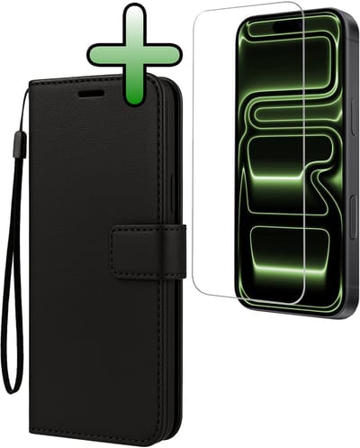 Hoesje Met Screenprotector - Geschikt voor Apple iPhone 17 Pro - Luxe Pasjeshouder - Bookcase Portemonee - Flip Case - Kunstleer Book Case - Flipcase - Book Cover - Walletcase - Portemonneehoes - Zwart
