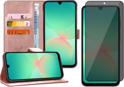 Hoesje geschikt voor Samsung Galaxy A17 5G / A26 - Privacy Screenprotector Volledig Dekkend Glas - Portemonnee Book Case Rosegoud