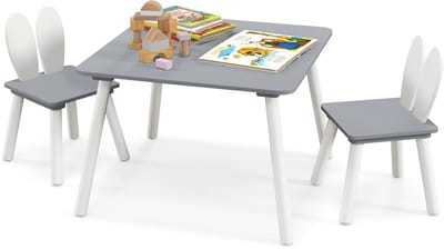 COSTWAY Kindertafel met 2 stoelen, 3-delig. Kinderzitgroep met massief houten poten & hazenoren rugleuning, vierkante speeltafel, kindermeubel kinderzitgarnituur voor 3-6 jaar kinderen (grijs)