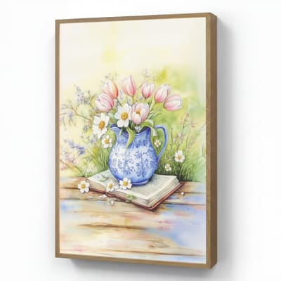 Wandlamp 60x90 cm - Oplaadbaar - Vaas - Delftsblauw - Madeliefjes - Wandlampen binnen woonkamer - Slaapkamer lamp - Decoratieve nachtlamp - Vloerlamp draadloos
