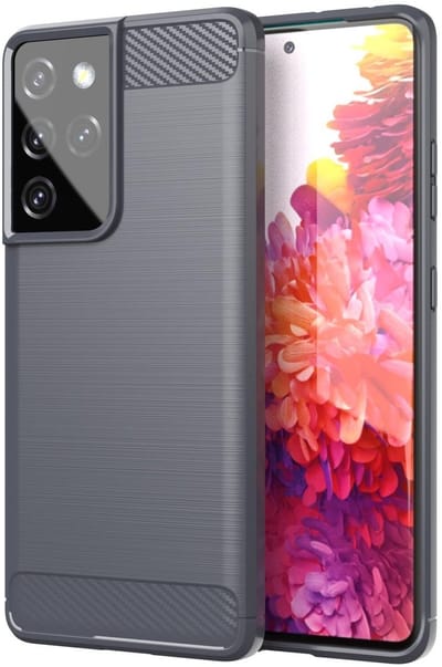 Cadorabo Hoesje geschikt voor Samsung Galaxy S21 ULTRA in BRUSHED GRIJS - Beschermhoes van flexibel TPU siliconen in roestvrij staal-carbonvezel look Case Cover
