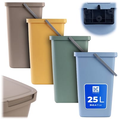 KADAX afvalbak 25L, set van 4, met deksel en handvat, kunststof afvalbak, prullenbak, afvalverzamelaar (bruin, groen, geel, blauw)