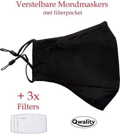 Mondkapje Wasbaar - MET Filter Zakje en 3 Filters - Verstelbaar Mondmasker - Stof - Katoen - Met Neusbrug - Zwart - Qwality®
