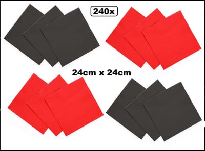 240x Servetten zwart en rood 24cm x 24cm - 3 laags - Cocktail servet diner eten knoeien restaurant BBQ thema feest verjaardag feest WK