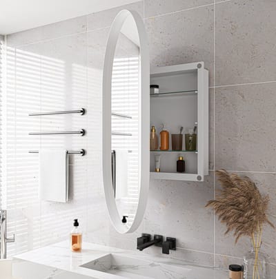 DESMIU Sieradenkast - Ovale Spiegelkast Met Opbergruimte - Wandmontage Of Inbouw Voor Badkamer En Slaapkamer - Metaal - 85x51,5x12 Cm - Wit