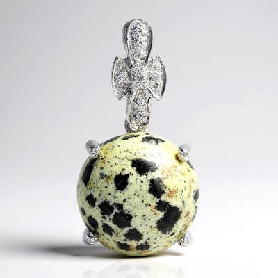 Cavill - Zilveren Hanger - 925 Sterling Zilver - 10,07 ct Dalmatiër Jaspis met Witte Topaas - Elegante Ronde Cabochon 14 mm - Natuurlijke Edelsteen