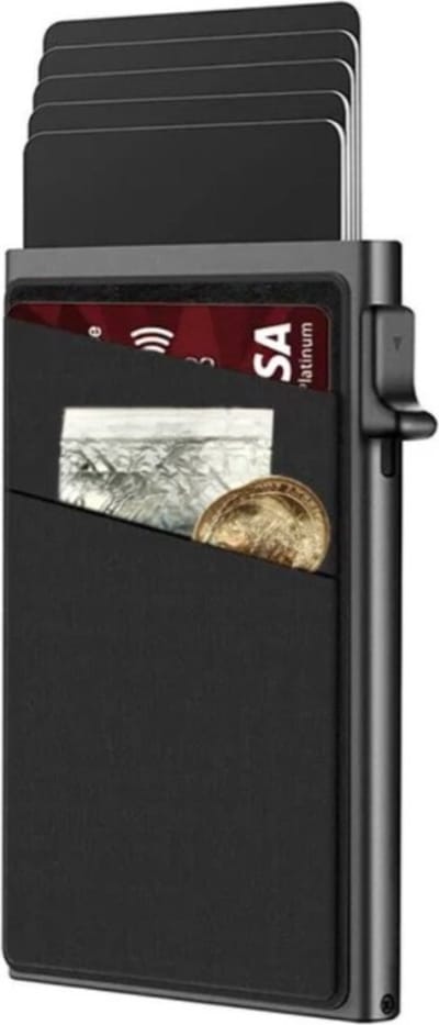 Aventra® Pasjeshouder - Uitschuifbaar Creditcardhouder 2025 Model - Moderne Wallet - Nieuwste Portemonnee Mannen & Vrouwen - RFID Pasjeshouder Aluminium - Capaciteit: Tot wel 10 Pasjes - Zwart