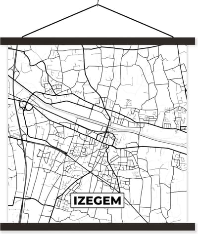 Posterhanger incl. Poster 60x60 cm - Schoolplaat - Stadskaart – Zwart Wit - Kaart – Izegem – België – Plattegrond - Textielposter - Zwarte latten - Stadskaart