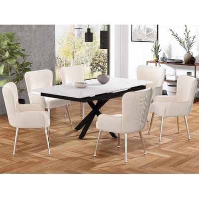 ModernLuxe Set van 6 Velvet stoelen - met armleuningen en zilver metalen poten - Beige